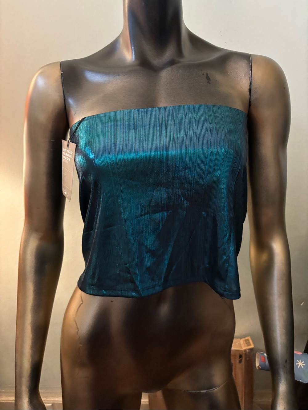 Metallic Teal Strapless Crop Top - Women